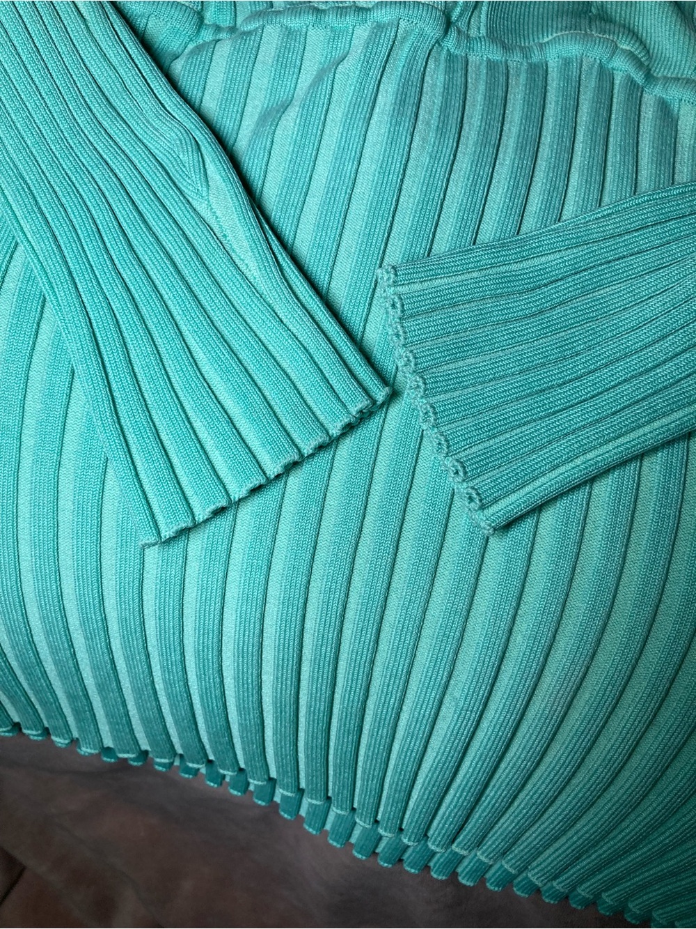 Cache Silk Turquoise Ribbed Zip-Front Ruffle Collar Blouse Rhinestone Zipper - Picture 9 of 11
